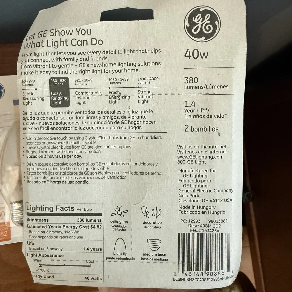 GE Crystal Clear Ceiling Fan Light Bulbs 40W B Type Lot of 8 New